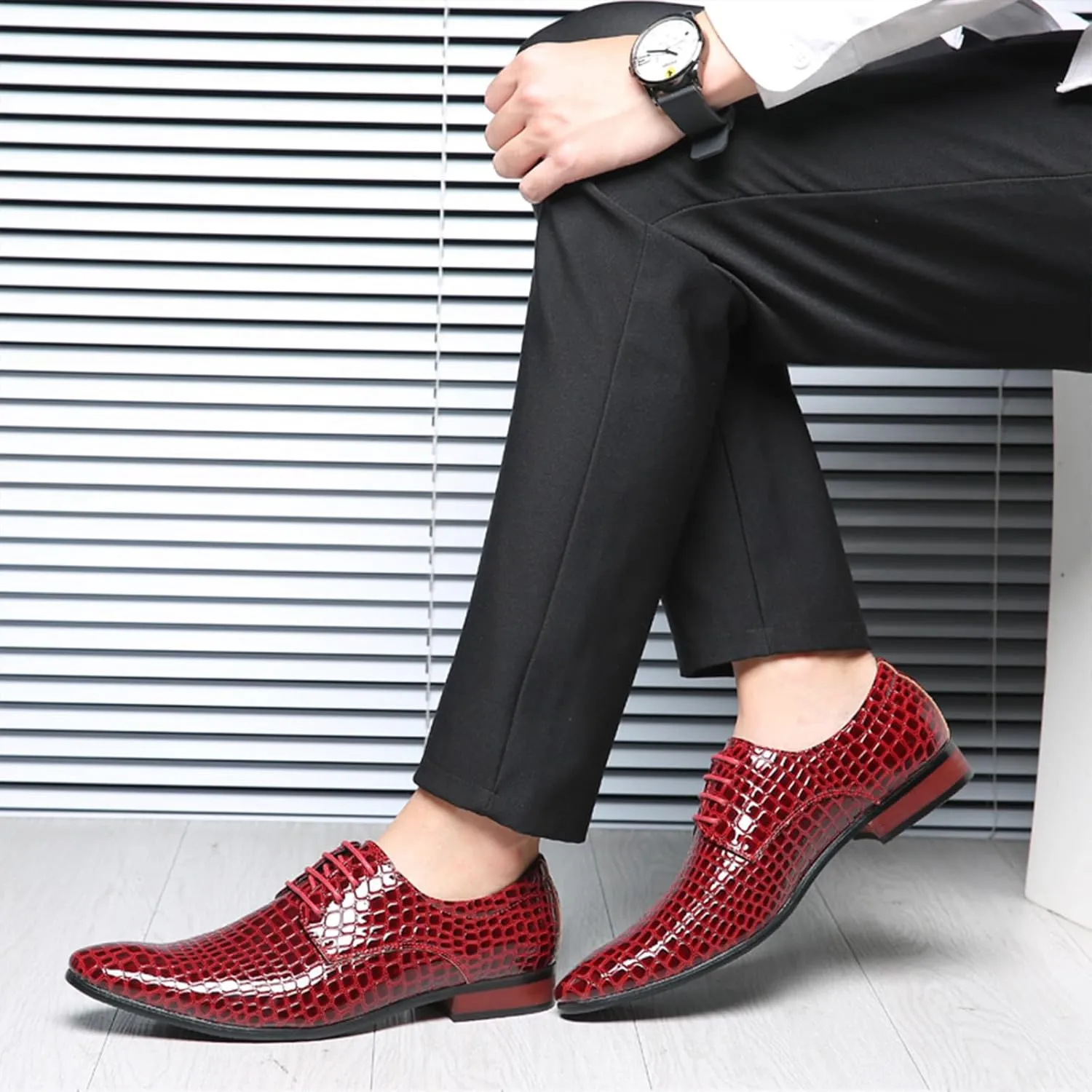 Men's Stone Patterned Leather Dress Oxford Shoes Fashion Pointed Patent Leather Lace-up Anti-Slip Business Wedding Formal Shoes Derby