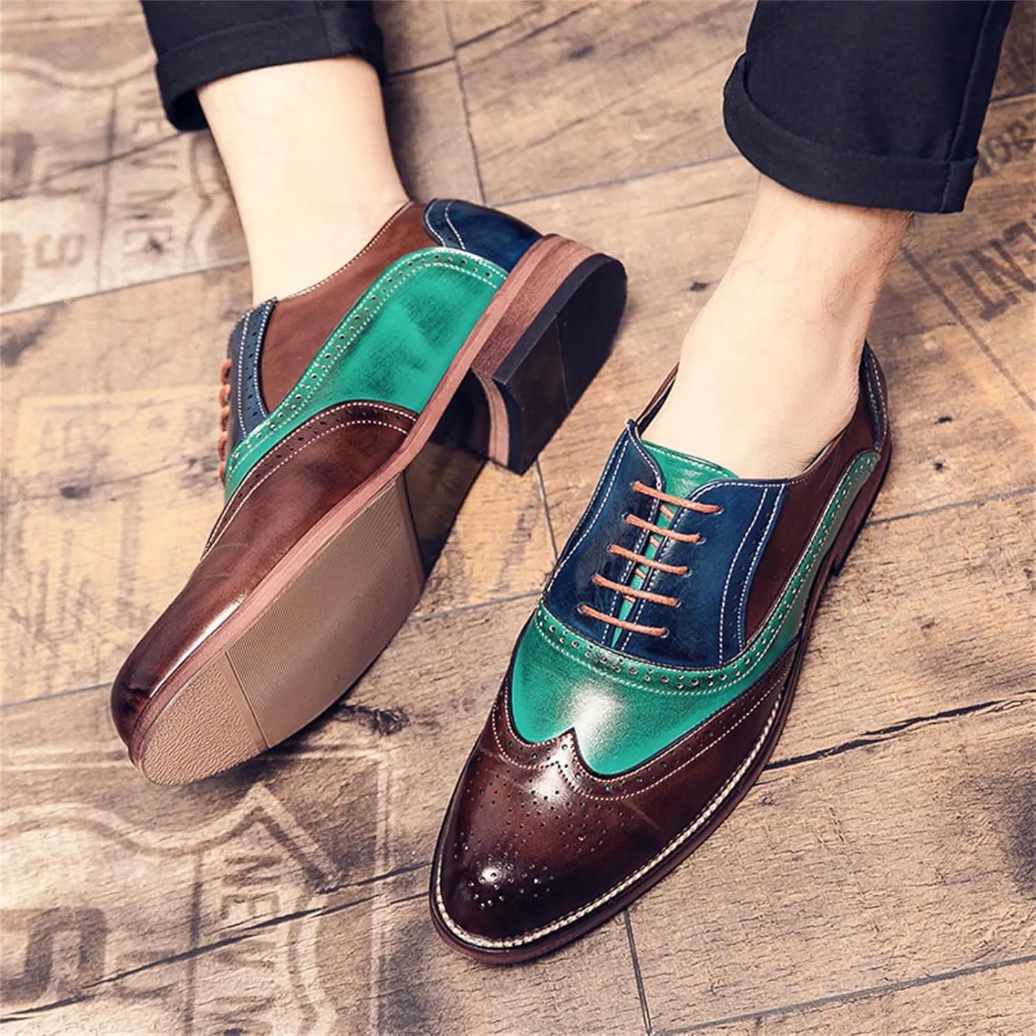 Mens Two Tone Leather Lace Up Brogue Oxford Shoes Classic Wingtip Loafers Low Top Flat Party Formal Business Derby Dress Shoes