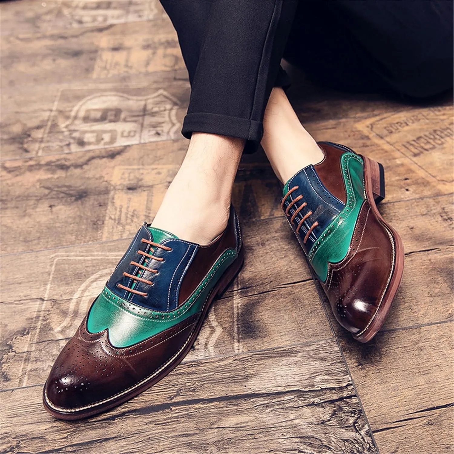 Mens Two Tone Leather Lace Up Brogue Oxford Shoes Classic Wingtip Loafers Low Top Flat Party Formal Business Derby Dress Shoes