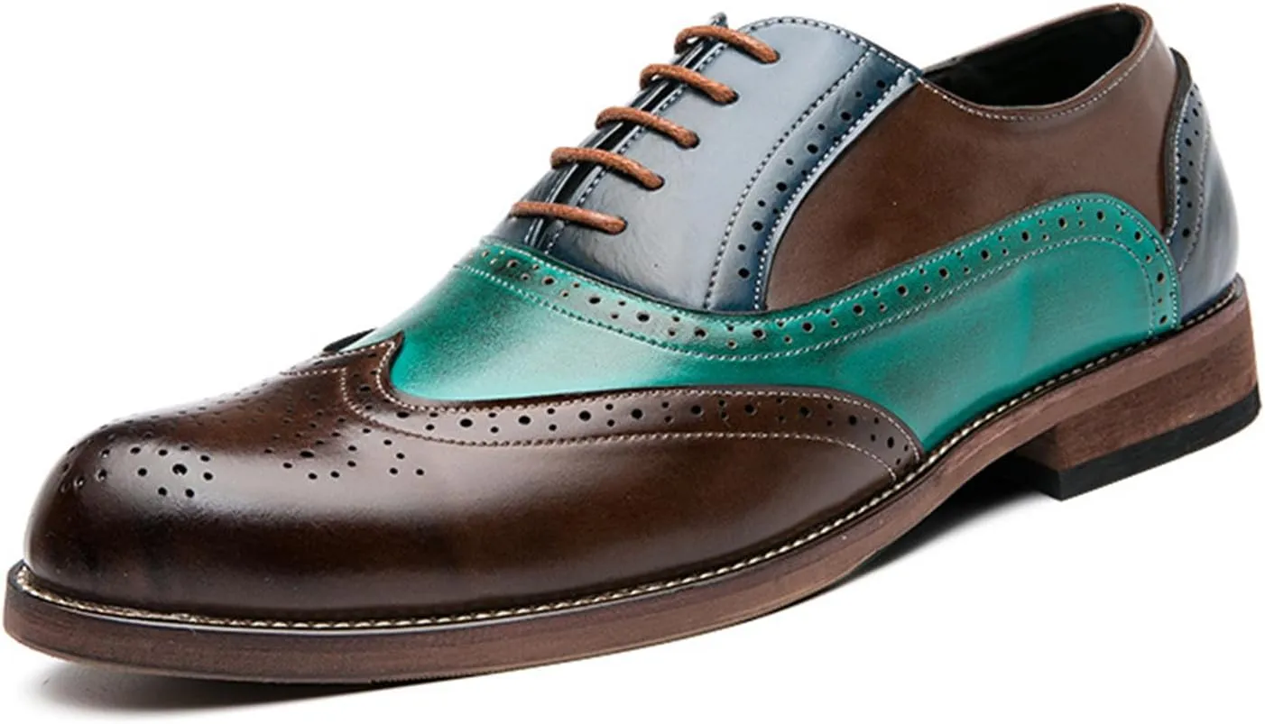 Mens Two Tone Leather Lace Up Brogue Oxford Shoes Classic Wingtip Loafers Low Top Flat Party Formal Business Derby Dress Shoes