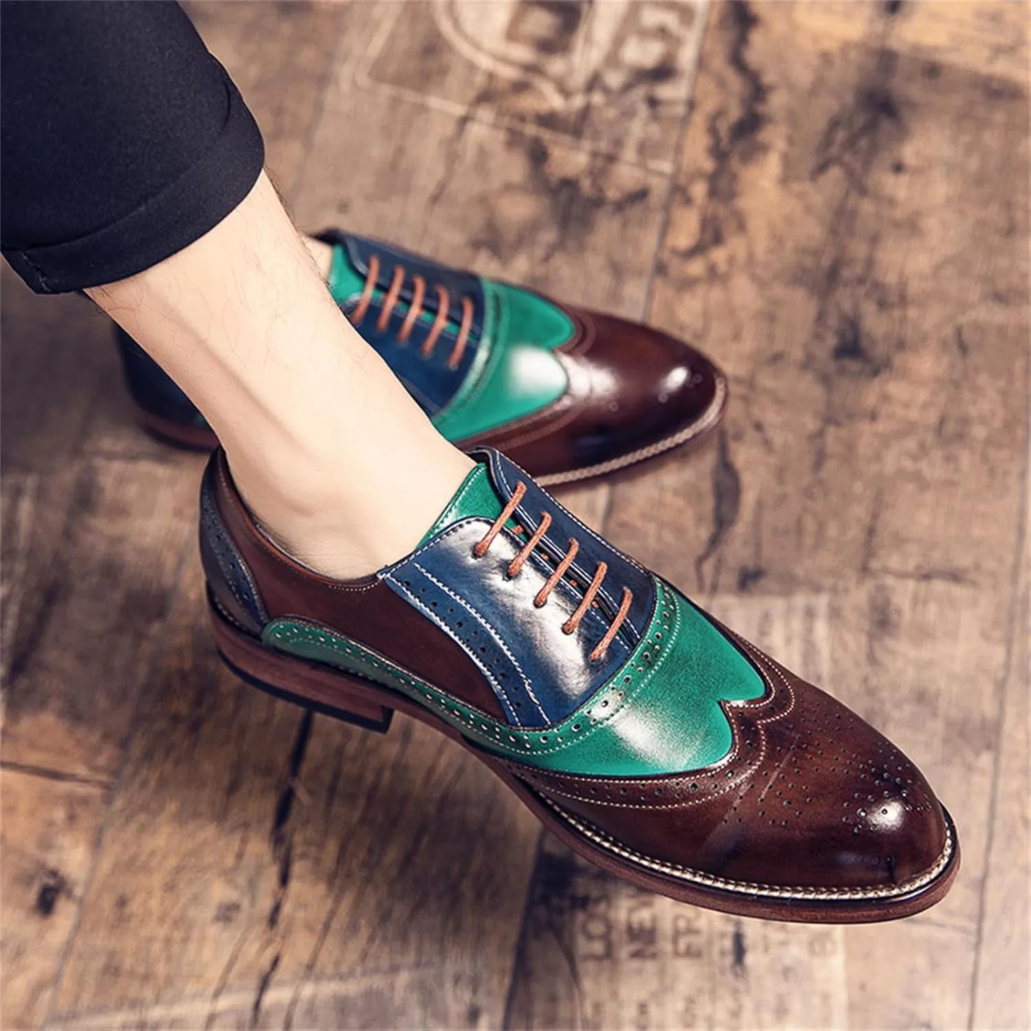 Mens Two Tone Leather Lace Up Brogue Oxford Shoes Classic Wingtip Loafers Low Top Flat Party Formal Business Derby Dress Shoes