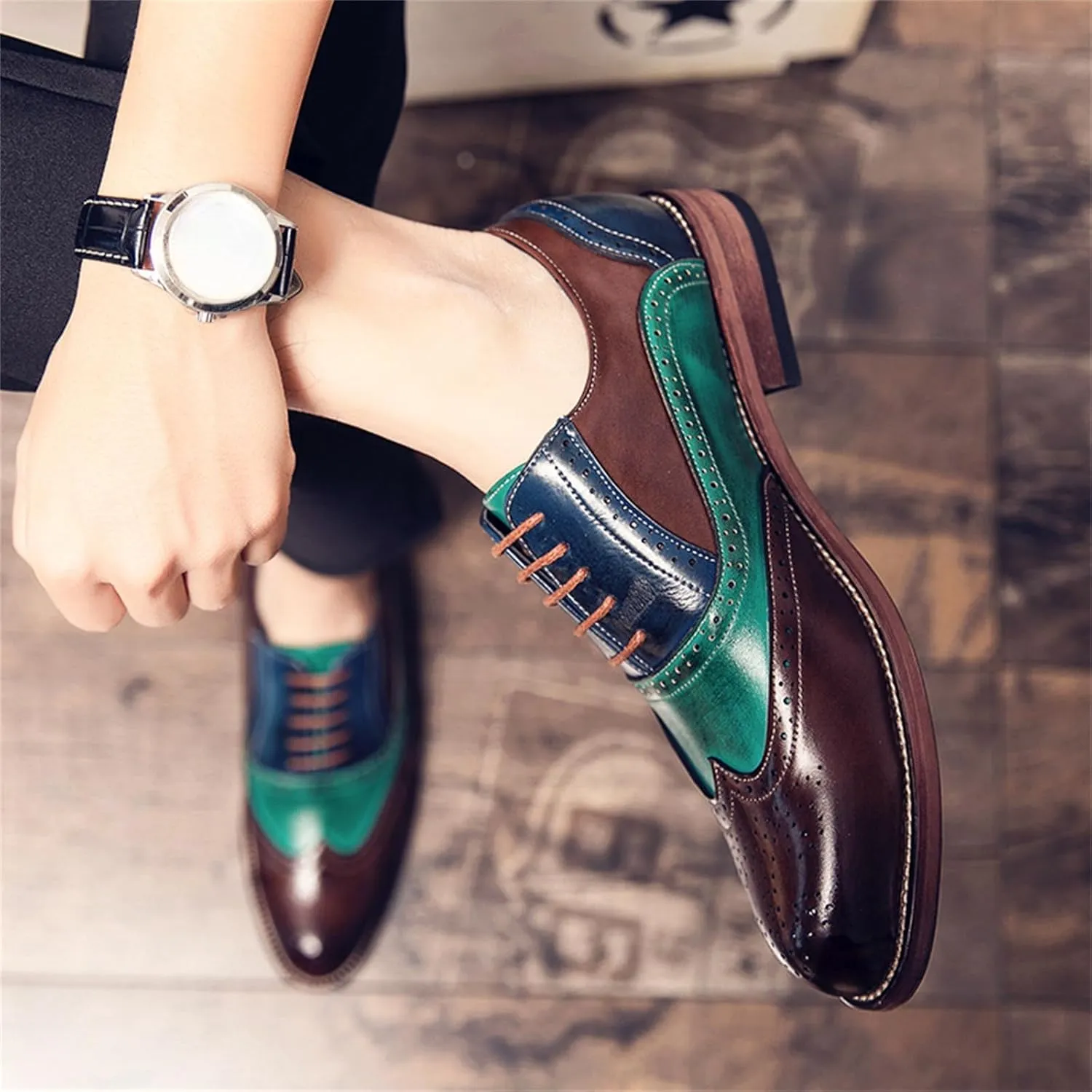 Mens Two Tone Leather Lace Up Brogue Oxford Shoes Classic Wingtip Loafers Low Top Flat Party Formal Business Derby Dress Shoes