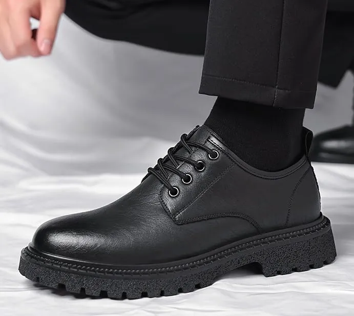 Mens Vintage Casual Leather Dress Shoes British Style Thick Sole Round Toe Low Top Business Work Oxford Shoes