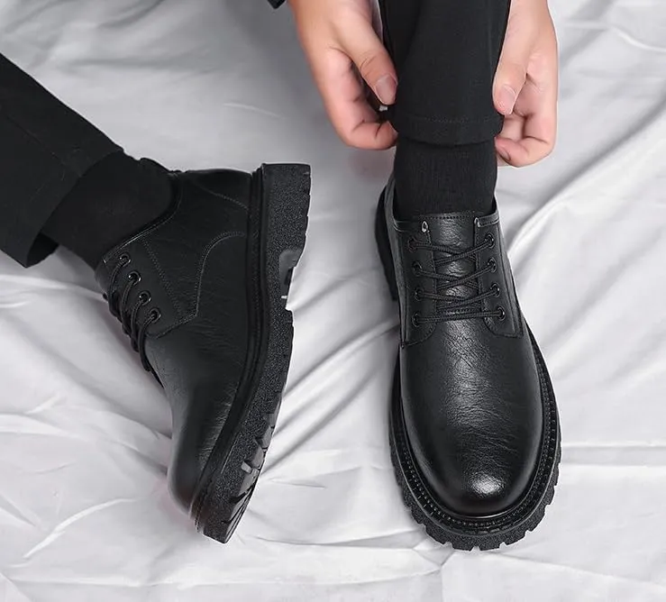 Mens Vintage Casual Leather Dress Shoes British Style Thick Sole Round Toe Low Top Business Work Oxford Shoes