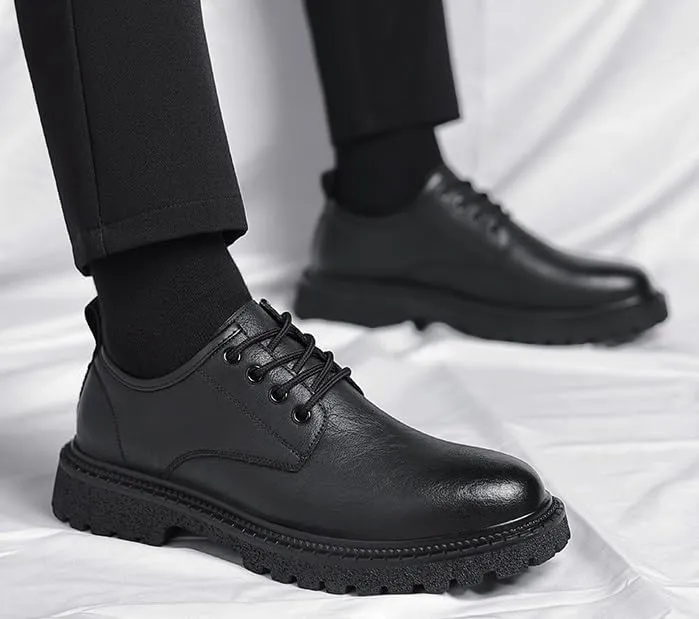 Mens Vintage Casual Leather Dress Shoes British Style Thick Sole Round Toe Low Top Business Work Oxford Shoes