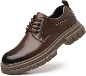 Men's Vintage Leather Lace Up Platform Oxfords Shoes Black Round Toe Soft Rubber Sole Non-Slip Waterproof Business Formal Derby Dress Shoes