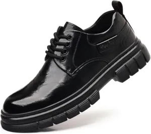 Men's Vintage Leather Lace Up Platform Oxfords Shoes Black Round Toe Soft Rubber Sole Non-Slip Waterproof Business Formal Derby Dress Shoes