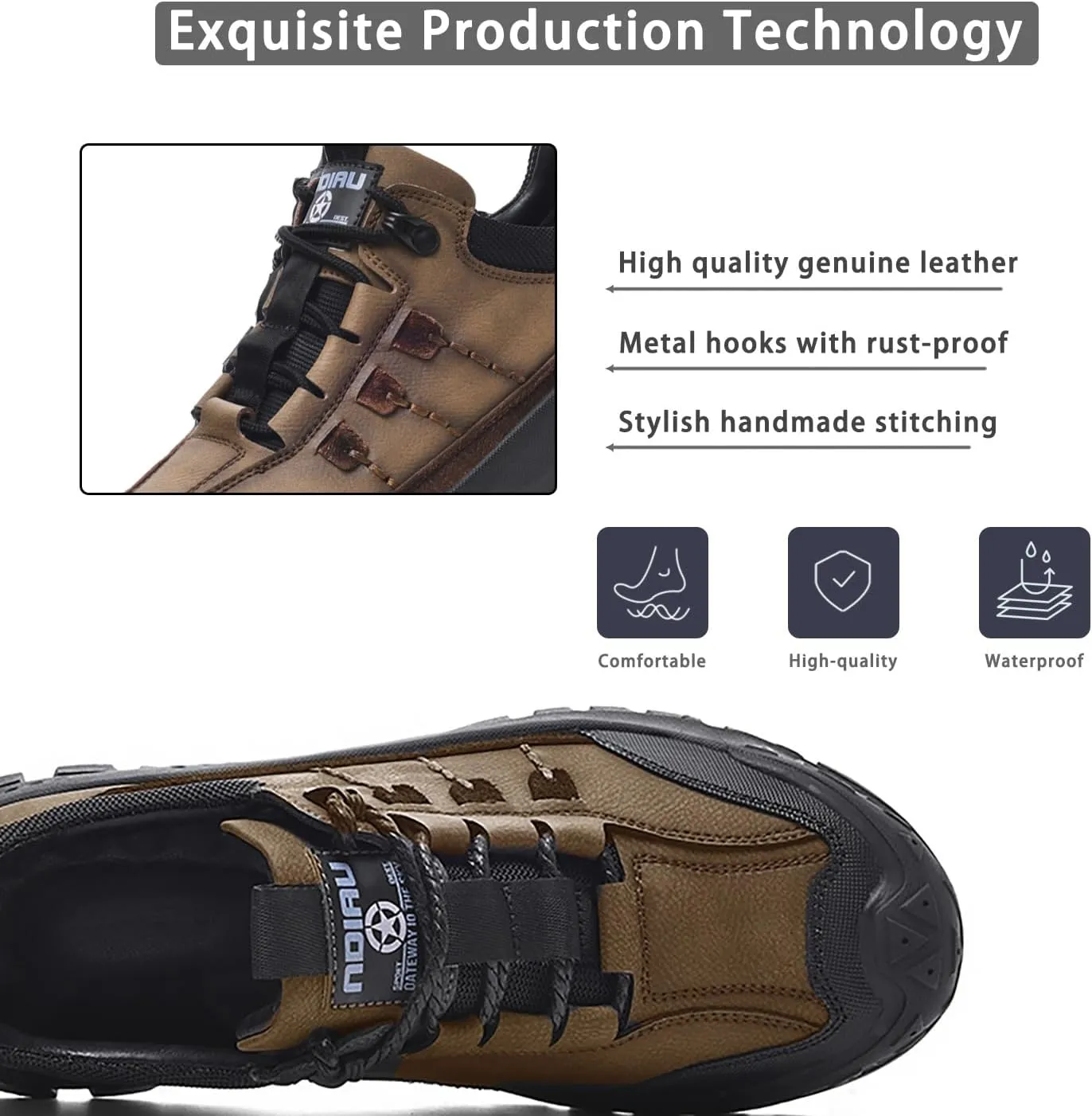 Men's Waterproof Hiking Shoes Leather Casual Outdoor Low Walking Trekking Shoes for Men