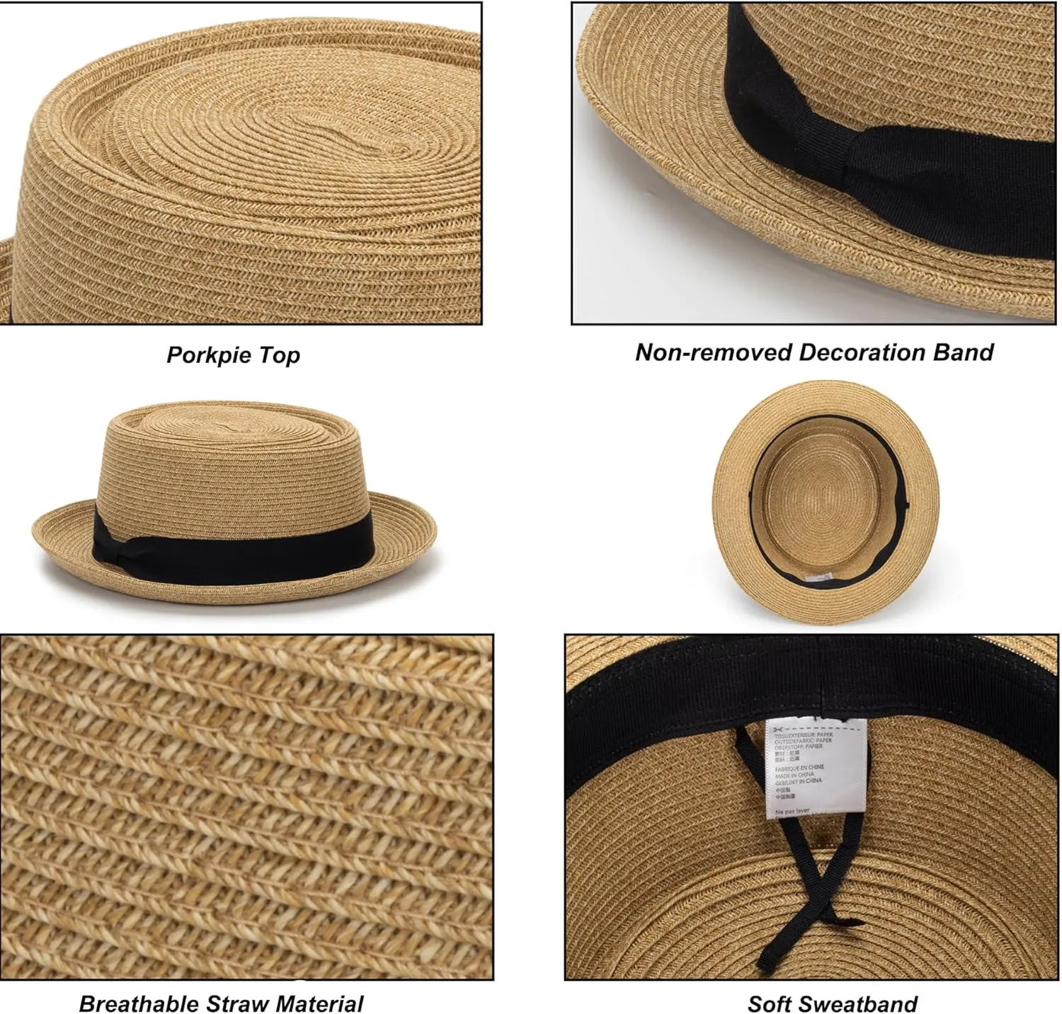Men/Women Summer Straw Pork Pie Hat Boater Derby Fedora Sun Hats with Bowknot(S/M)