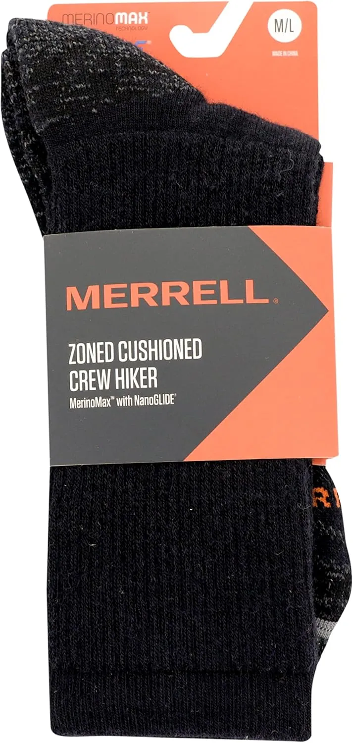 Merrell Men's and Women's Zoned Cushioned Wool Hiking Crew Socks-1 Pair Pack-Breathable Arch Support