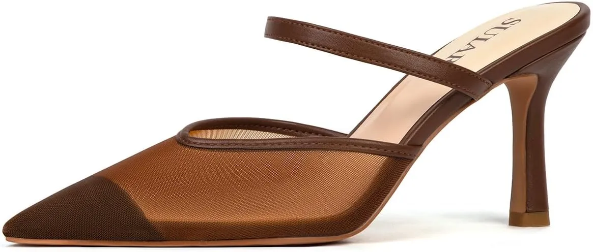 Mesh Kitten Heels for Women Pointed Closed Toe Mule Heeled Sandals Sexy Slip On Dress Pumps