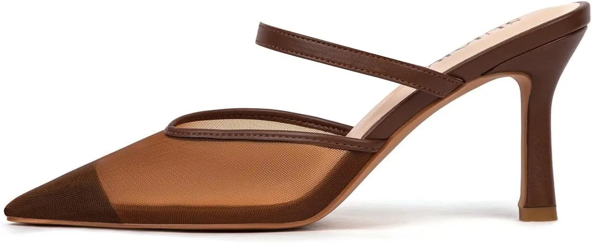 Mesh Kitten Heels for Women Pointed Closed Toe Mule Heeled Sandals Sexy Slip On Dress Pumps