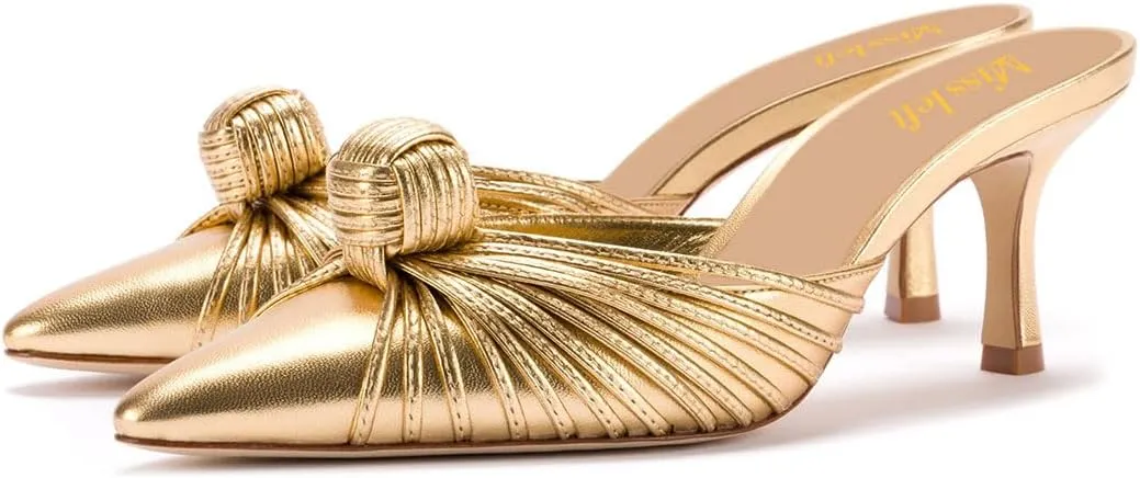miss left Closed Pointed Toe Mule for Women Knotted Detail Slip On Backless Mid Heel Sandals Comfort Chic Ladies Dress Party Shoes Size 4-16 US