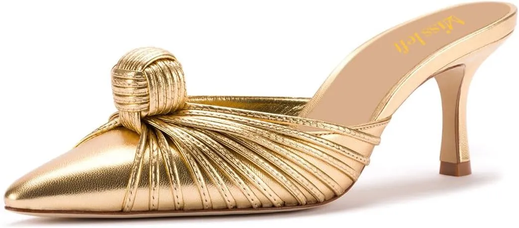 miss left Closed Pointed Toe Mule for Women Knotted Detail Slip On Backless Mid Heel Sandals Comfort Chic Ladies Dress Party Shoes Size 4-16 US