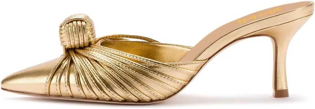 miss left Closed Pointed Toe Mule for Women Knotted Detail Slip On Backless Mid Heel Sandals Comfort Chic Ladies Dress Party Shoes Size 4-16 US