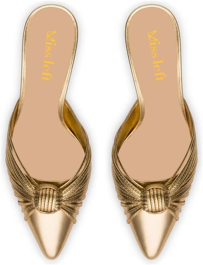 miss left Closed Pointed Toe Mule for Women Knotted Detail Slip On Backless Mid Heel Sandals Comfort Chic Ladies Dress Party Shoes Size 4-16 US