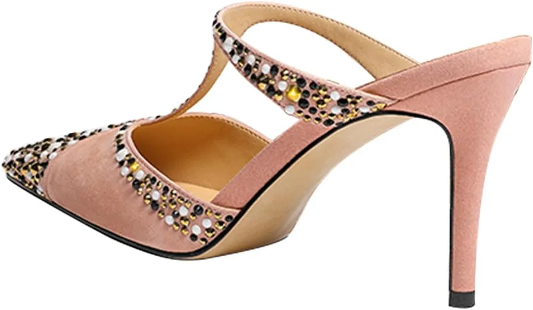 miss left Women Chic Studded Rhinestone T-Strap Pointed Toe Mules Slip on Thin High Heel Party Casual Dress Slide Sandals Size 4-16 US