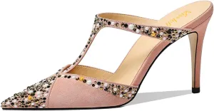 miss left Women Chic Studded Rhinestone T-Strap Pointed Toe Mules Slip on Thin High Heel Party Casual Dress Slide Sandals Size 4-16 US