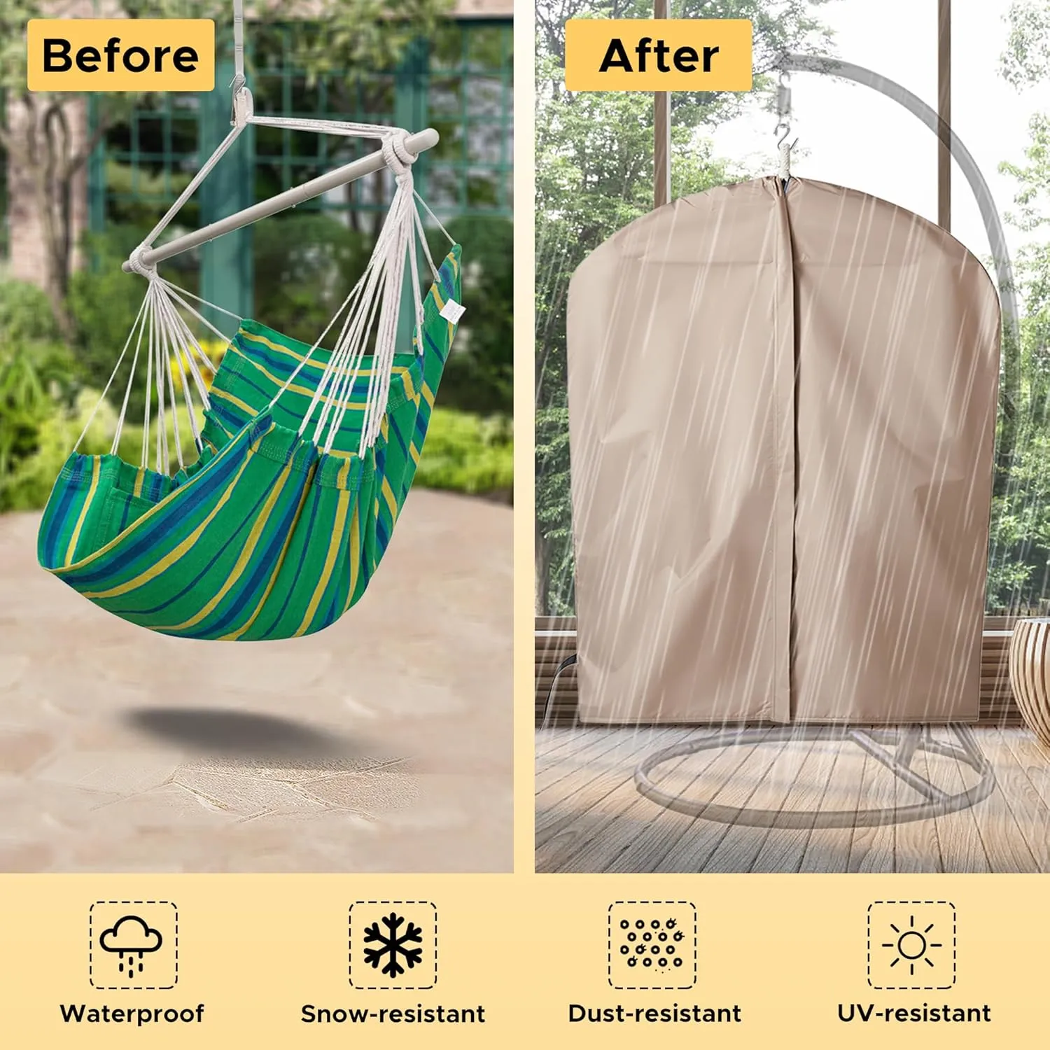 Miztli Hammock Chair with Hanging Chair Cover – Max 500 Lbs, Steel Spreader Bar with Anti-Slip Rings, Comfortable Indoor & Outdoor Hanging Chair – Includes Protective Waterproof Cover (57x45.5 in)