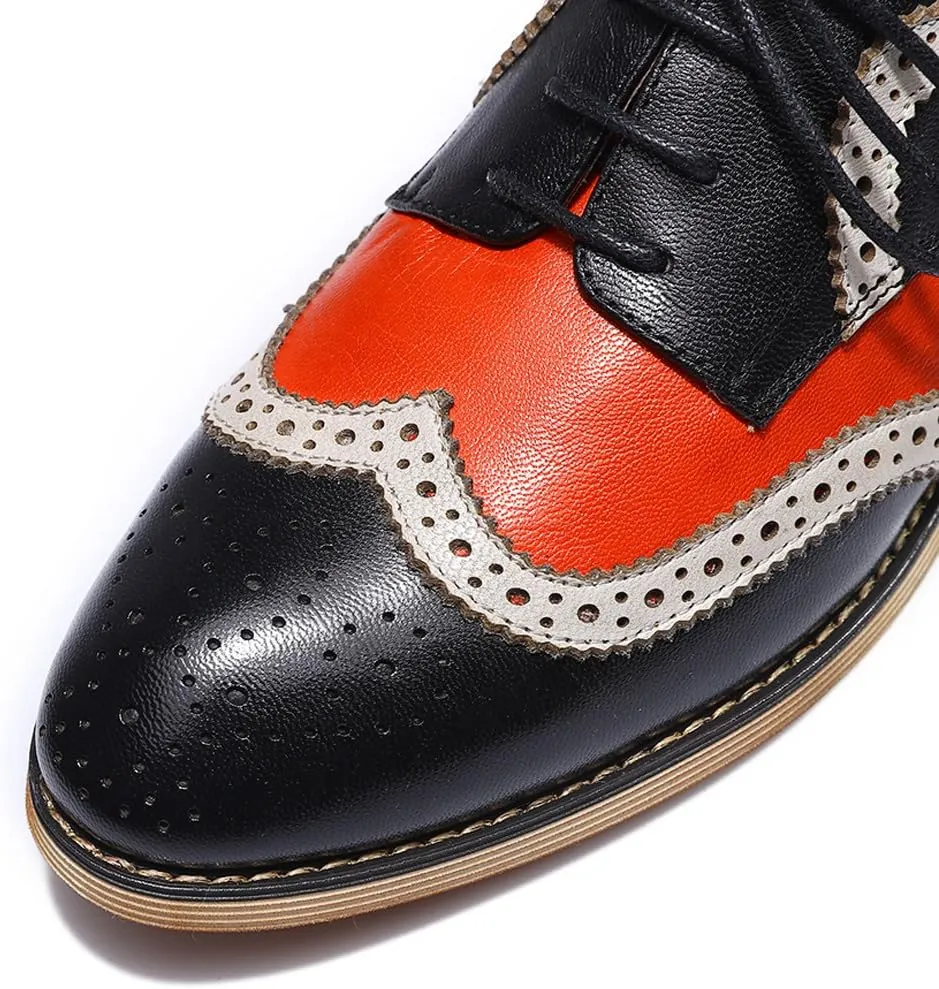 Mona flying Casual Wing Tip Oxfords Brogue for Women Ladies Handmade Lace up Leather Derby Shoes