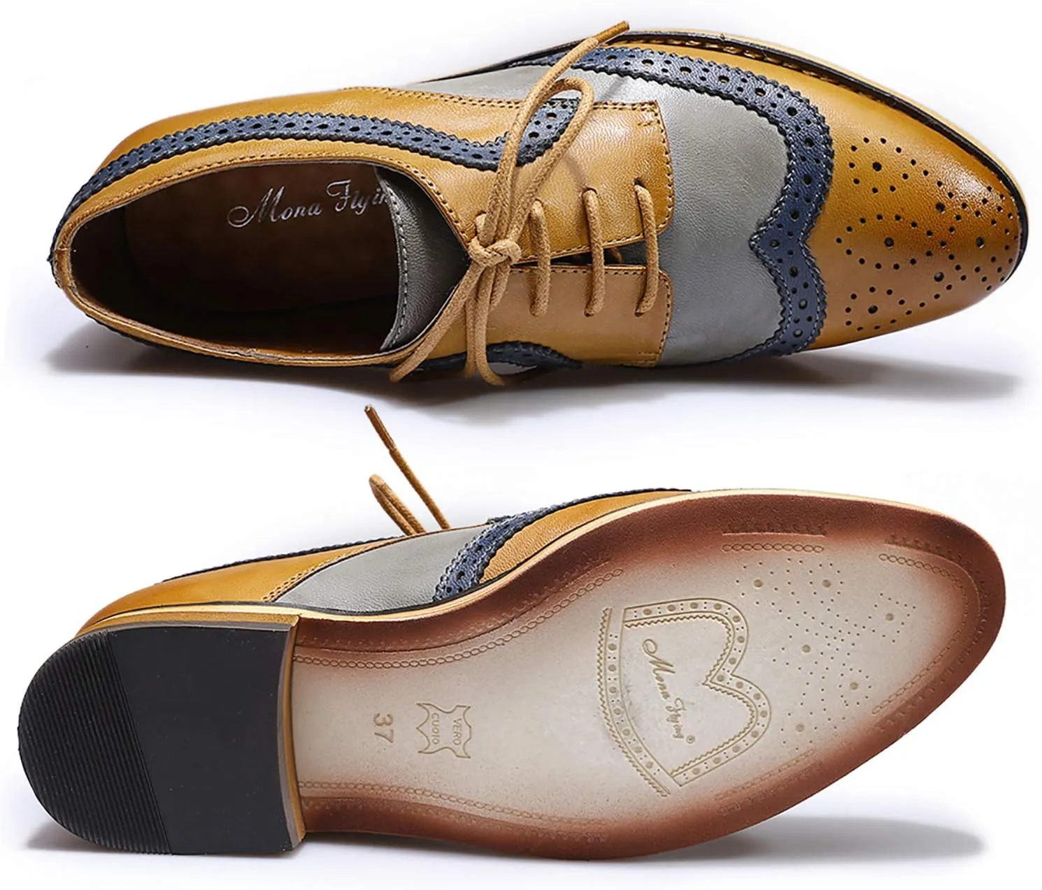 Mona flying Casual Wing Tip Oxfords Brogue for Women Ladies Handmade Lace up Leather Derby Shoes