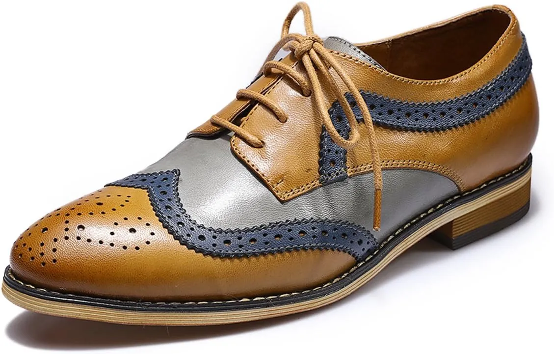 Mona flying Casual Wing Tip Oxfords Brogue for Women Ladies Handmade Lace up Leather Derby Shoes