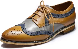Mona flying Casual Wing Tip Oxfords Brogue for Women Ladies Handmade Lace up Leather Derby Shoes
