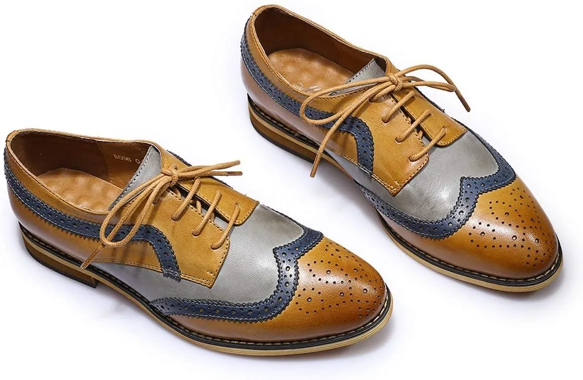 Mona flying Casual Wing Tip Oxfords Brogue for Women Ladies Handmade Lace up Leather Derby Shoes