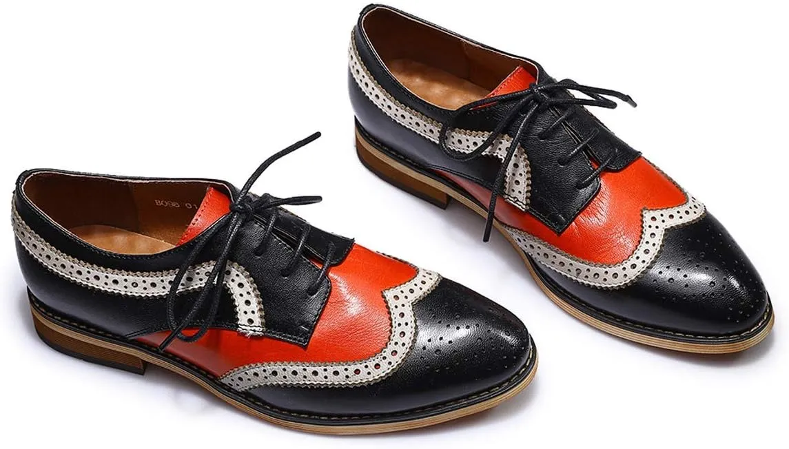 Mona flying Casual Wing Tip Oxfords Brogue for Women Ladies Handmade Lace up Leather Derby Shoes