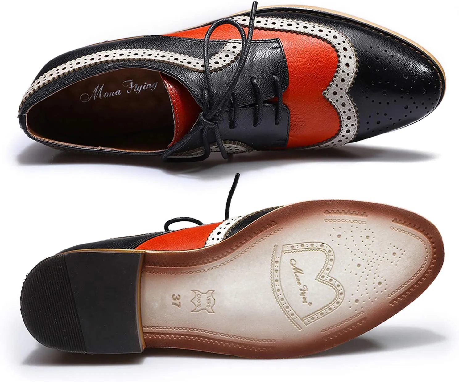 Mona flying Casual Wing Tip Oxfords Brogue for Women Ladies Handmade Lace up Leather Derby Shoes