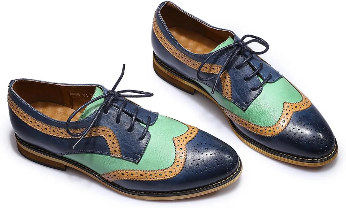 Mona flying Casual Wing Tip Oxfords Brogue for Women Ladies Handmade Lace up Leather Derby Shoes