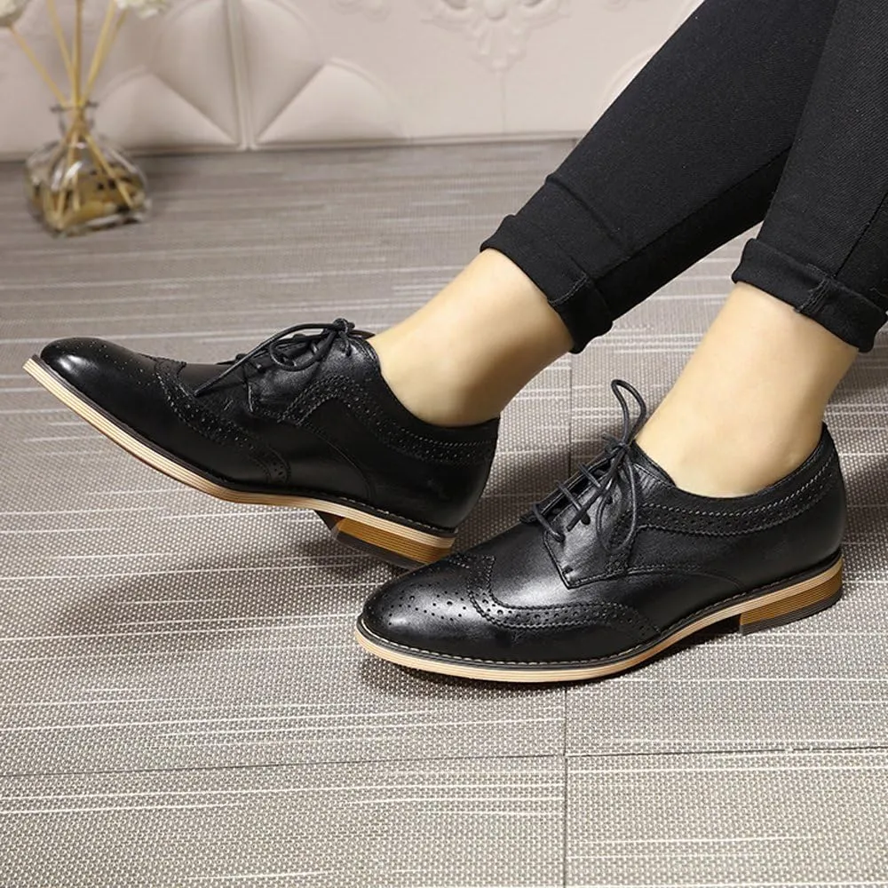 Mona flying Casual Wing Tip Oxfords Brogue for Women Ladies Handmade Lace up Leather Derby Shoes