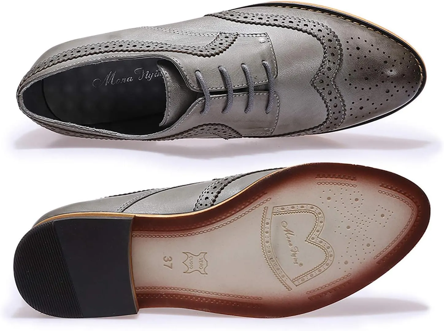 Mona flying Casual Wing Tip Oxfords Brogue for Women Ladies Handmade Lace up Leather Derby Shoes