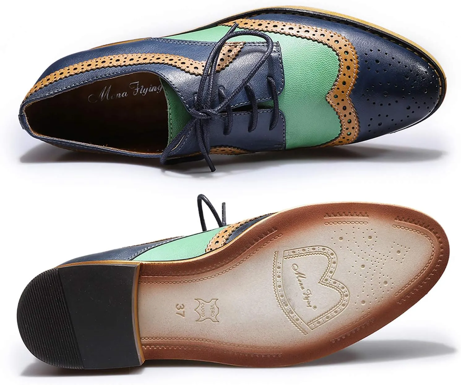 Mona flying Casual Wing Tip Oxfords Brogue for Women Ladies Handmade Lace up Leather Derby Shoes