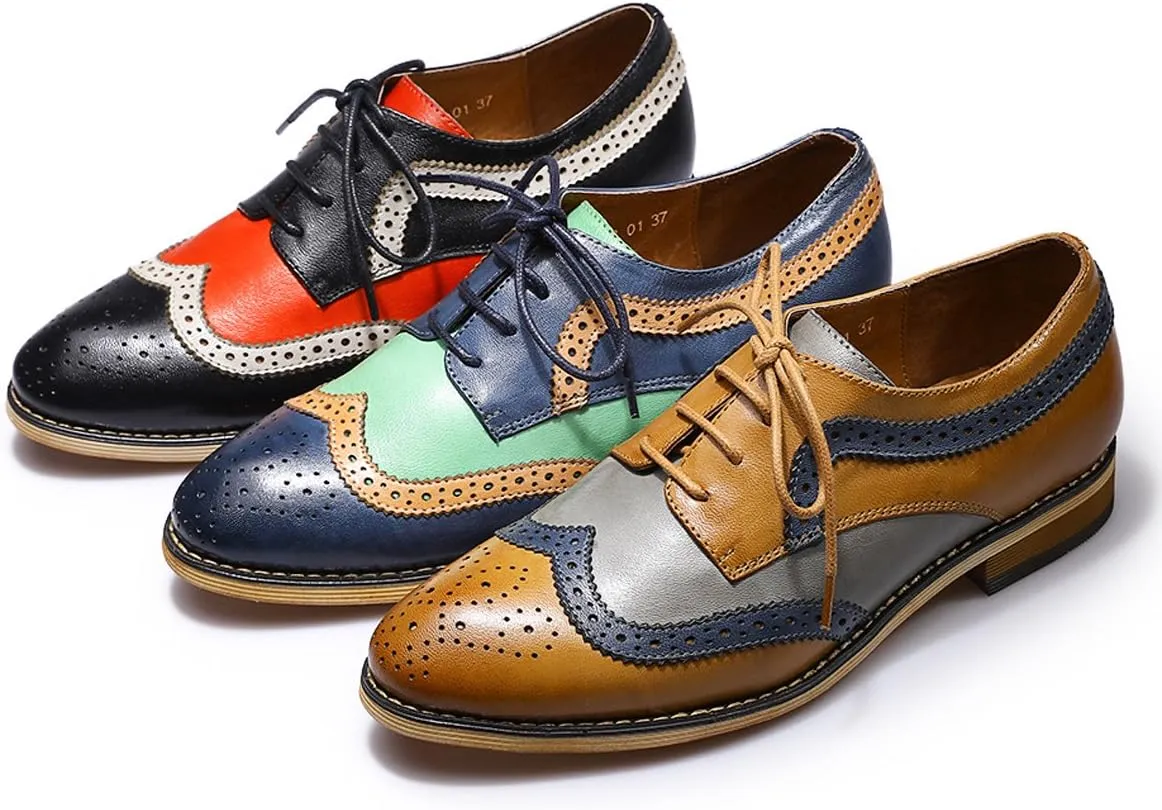 Mona flying Casual Wing Tip Oxfords Brogue for Women Ladies Handmade Lace up Leather Derby Shoes
