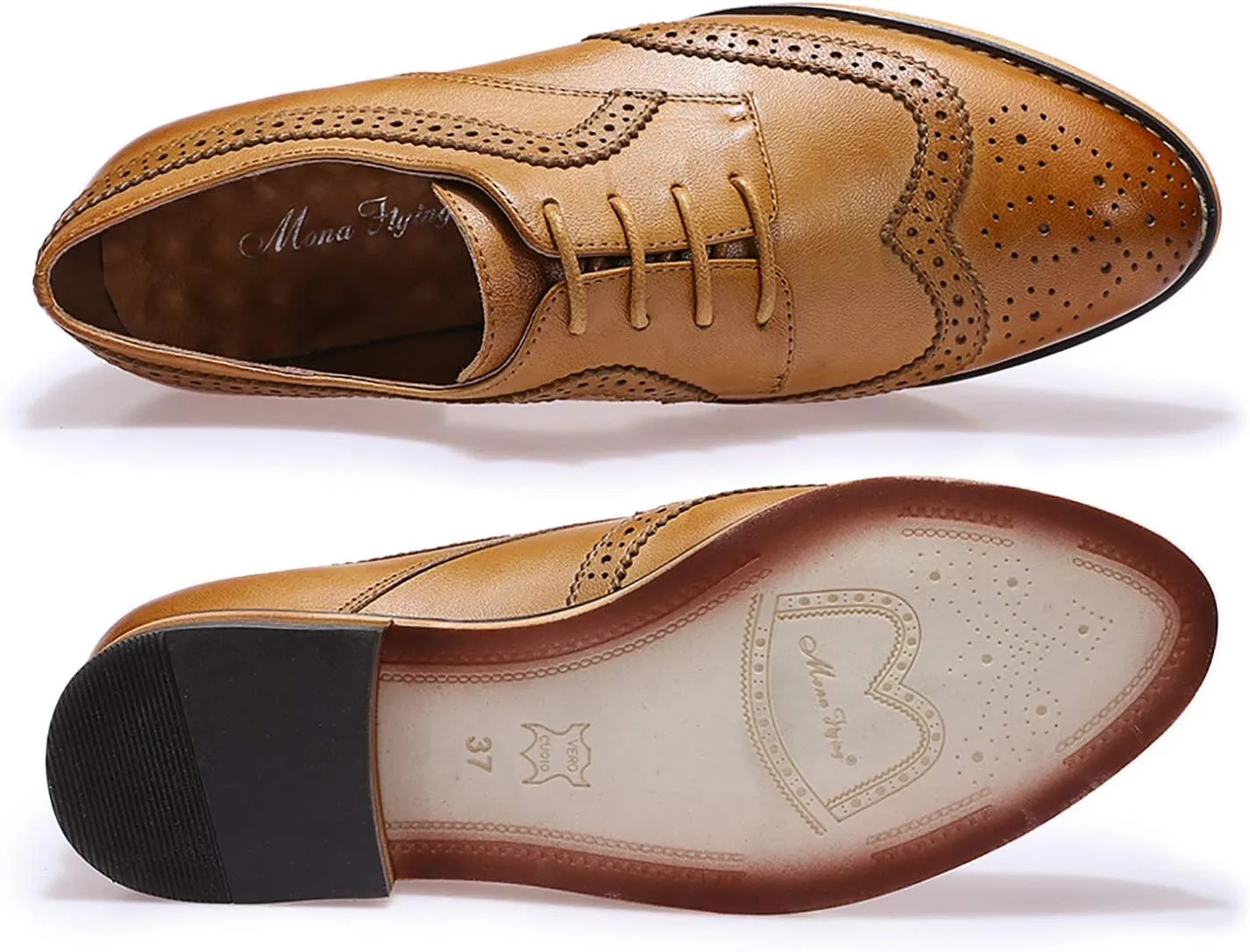 Mona flying Casual Wing Tip Oxfords Brogue for Women Ladies Handmade Lace up Leather Derby Shoes
