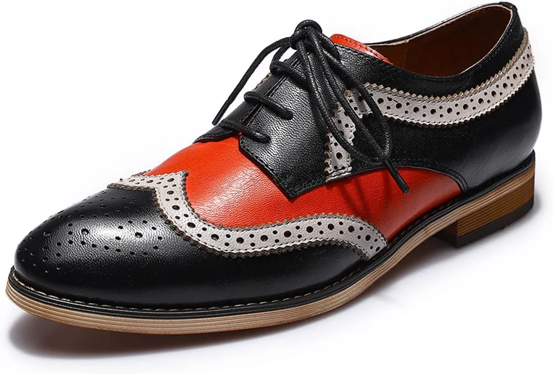 Mona flying Casual Wing Tip Oxfords Brogue for Women Ladies Handmade Lace up Leather Derby Shoes
