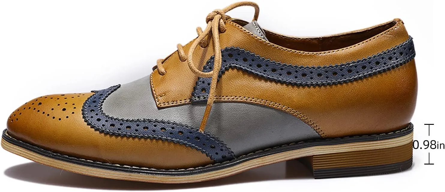 Mona flying Casual Wing Tip Oxfords Brogue for Women Ladies Handmade Lace up Leather Derby Shoes