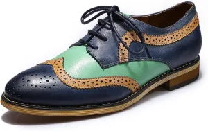 Mona flying Casual Wing Tip Oxfords Brogue for Women Ladies Handmade Lace up Leather Derby Shoes