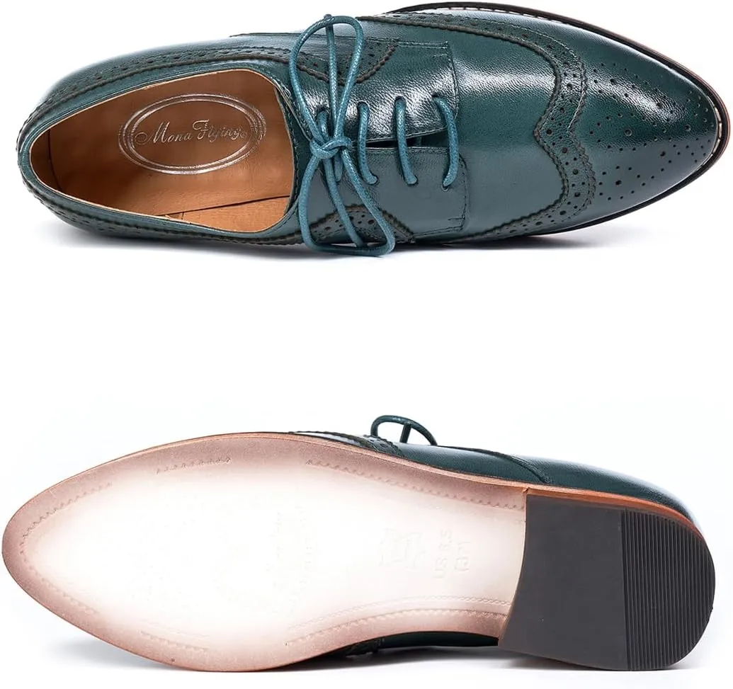 Mona flying Casual Wing Tip Oxfords Brogue for Women Ladies Handmade Lace up Leather Derby Shoes