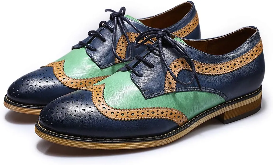 Mona flying Casual Wing Tip Oxfords Brogue for Women Ladies Handmade Lace up Leather Derby Shoes