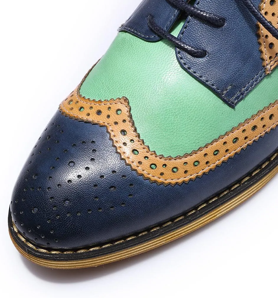 Mona flying Casual Wing Tip Oxfords Brogue for Women Ladies Handmade Lace up Leather Derby Shoes