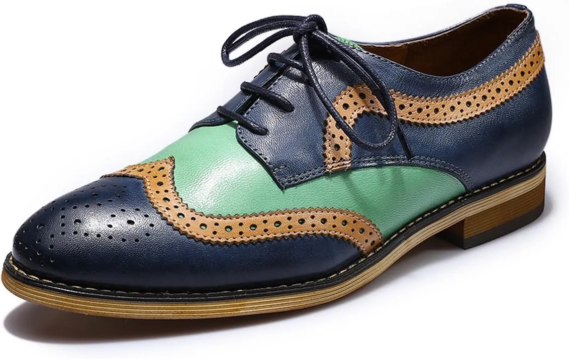 Mona flying Casual Wing Tip Oxfords Brogue for Women Ladies Handmade Lace up Leather Derby Shoes