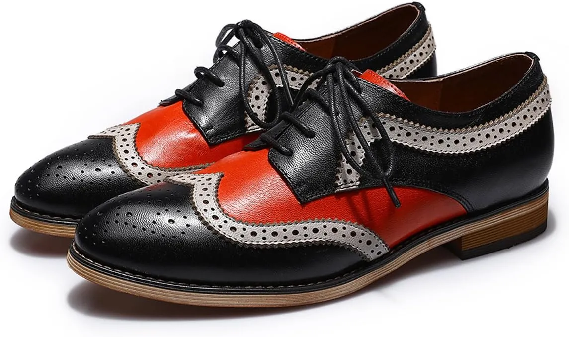 Mona flying Casual Wing Tip Oxfords Brogue for Women Ladies Handmade Lace up Leather Derby Shoes