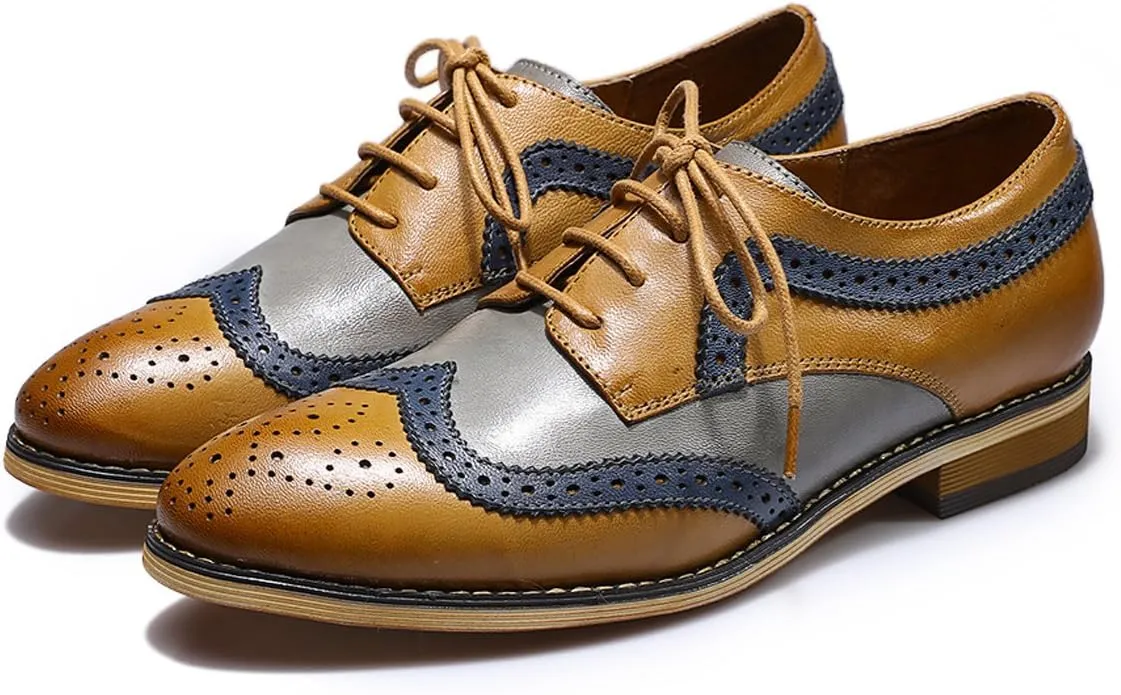 Mona flying Casual Wing Tip Oxfords Brogue for Women Ladies Handmade Lace up Leather Derby Shoes