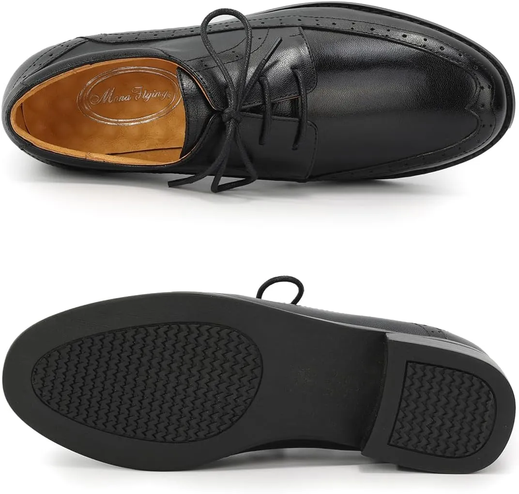 Mona flying Women's Classic Leather Derby Oxfords Round Toe Lace up Flat Office Work Shoes for Ladies