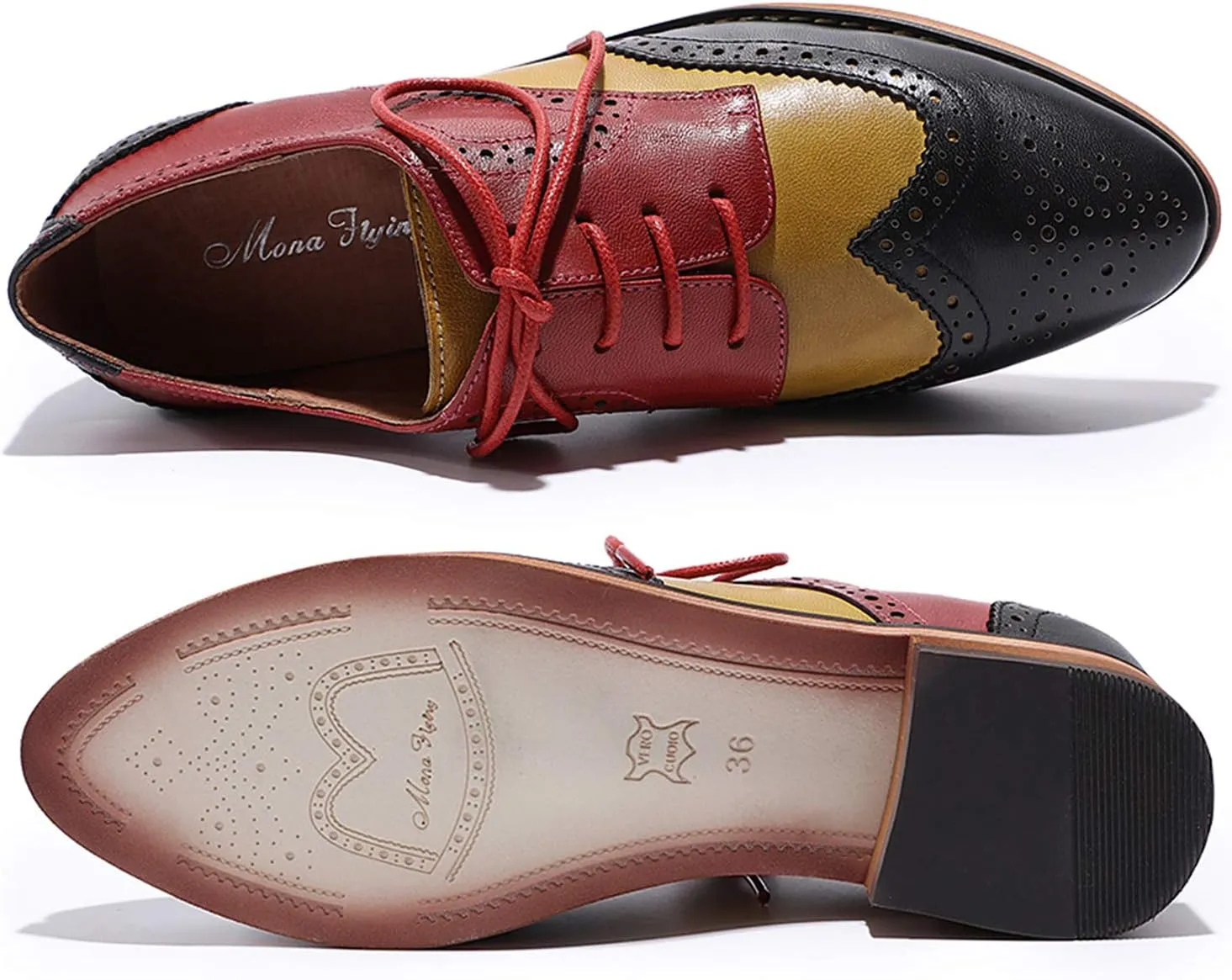 Mona flying Women's Comfortable Multicolored Wingtip Oxfords Brogue Lace-up Leather Shoes for Womens Ladies