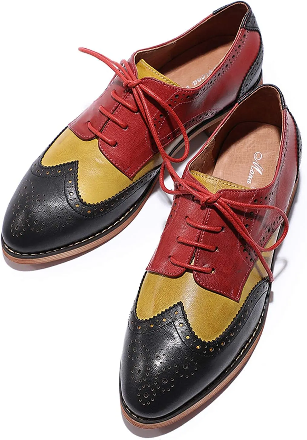 Mona flying Women's Comfortable Multicolored Wingtip Oxfords Brogue Lace-up Leather Shoes for Womens Ladies