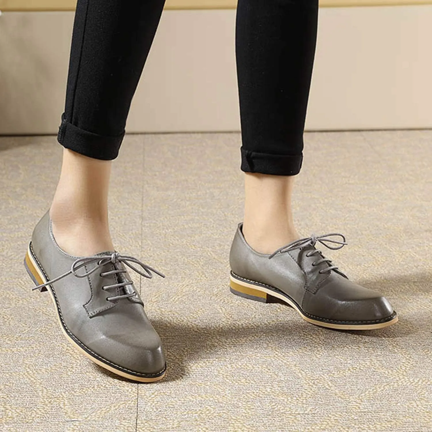 Mona flying Women's Handmade Dress Oxfords Derby Comfy Lace up Leather Shoes for Ladies