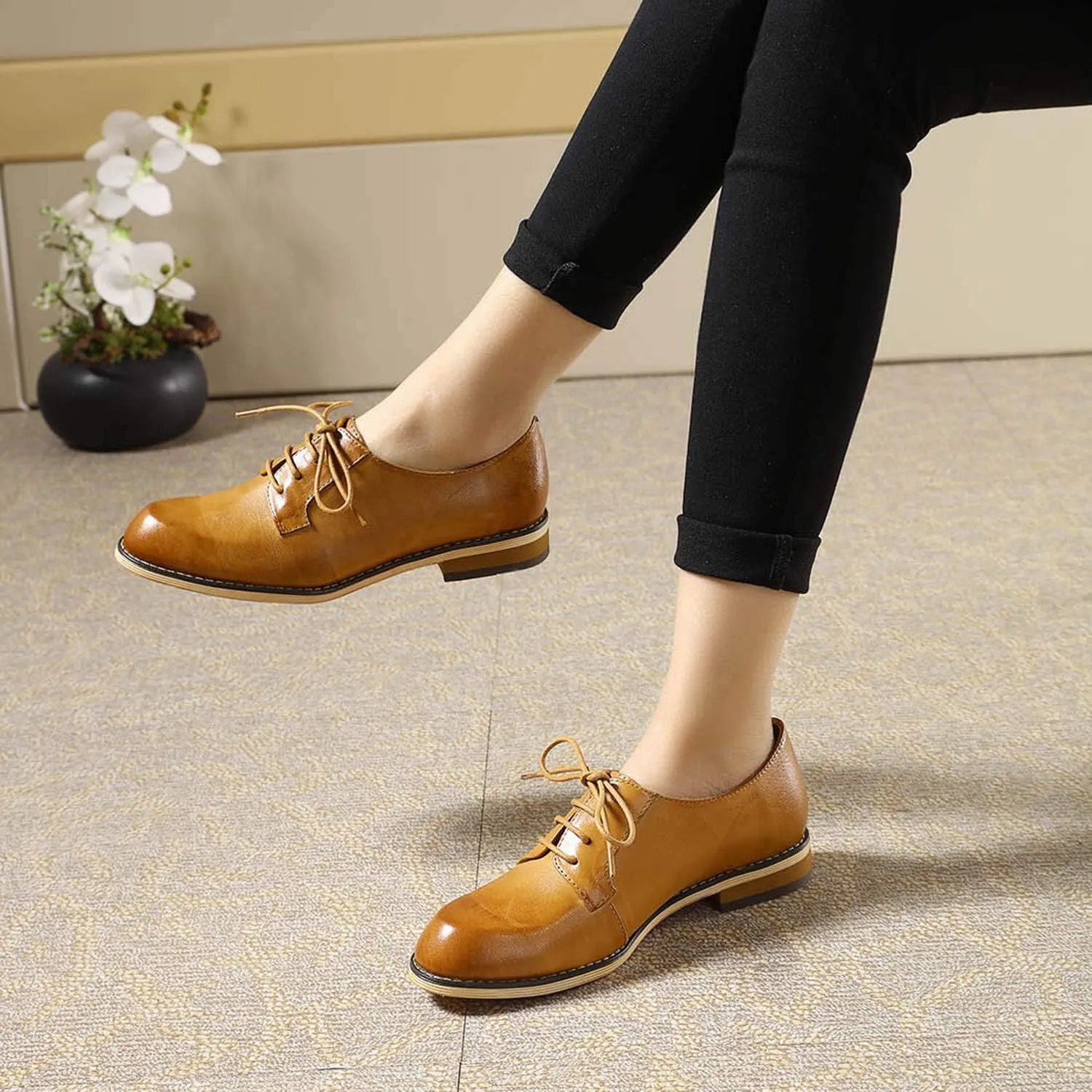 Mona flying Women's Handmade Dress Oxfords Derby Comfy Lace up Leather Shoes for Ladies